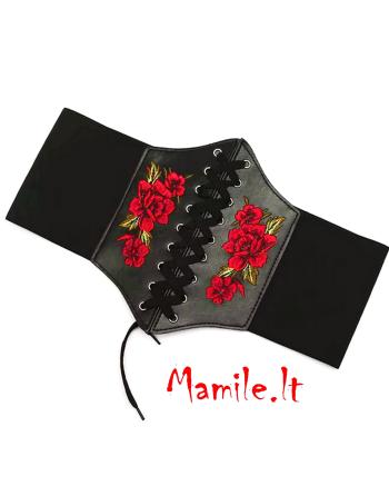 Platūs diržai su siuvinėtomis gėlėmis "BLACK ROSE"